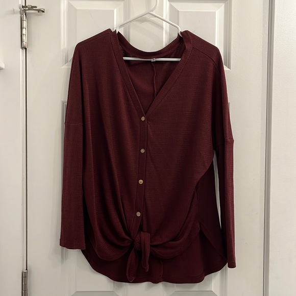 Burgundy Henley Blouse Button Down - Picture 2 of 3